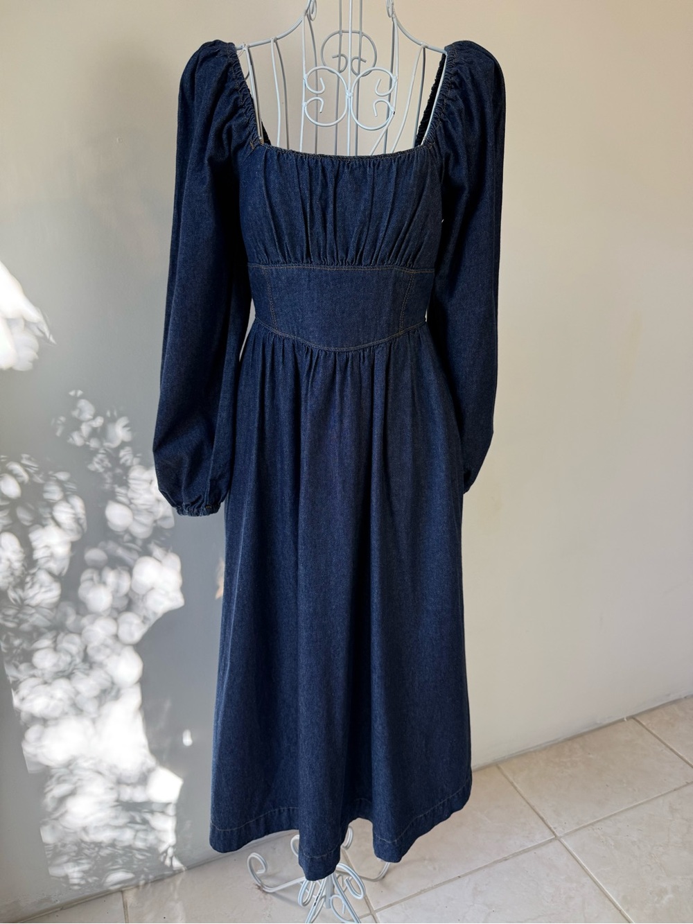 Altar'd State Dark Blue Denim Maxi Dress XS Puff Sleeve Square Neck Cottagecore